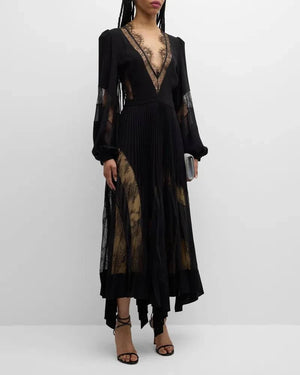 Zuhair Murad Plunging Plissé Lace Panelled Crepe Asymmetrical Midi Dress