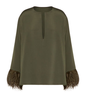 Valentino Feather-Trimmed Silk Cady Blouse