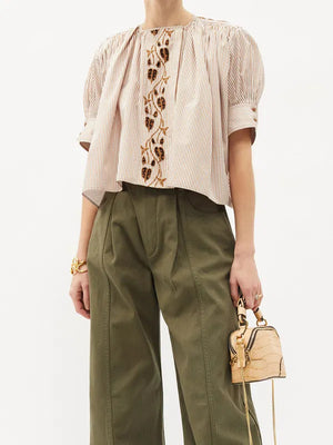 Chloé Vine Embroidered Striped Cotton Poplin Blouse