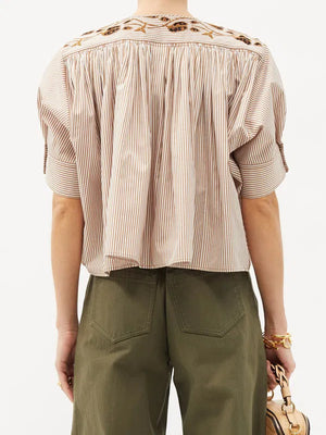 Chloé Vine Embroidered Striped Cotton Poplin Blouse