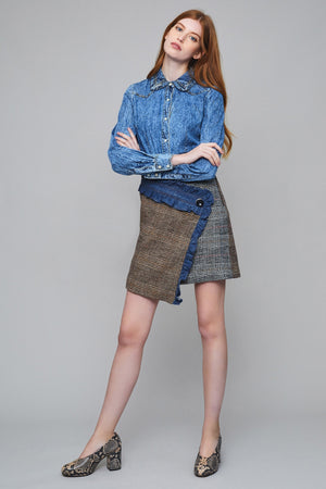 Manoush Farah Ruffled-Denim and Wool-Blend Plaid Wrap Skirt