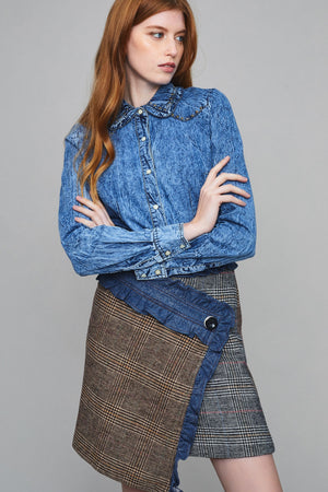 Manoush Farah Ruffled-Denim and Wool-Blend Plaid Wrap Skirt