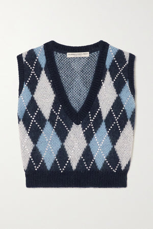 Alessandra Rich Argyle Crystal-Embellished Mohair-Blend Cropped Sweater