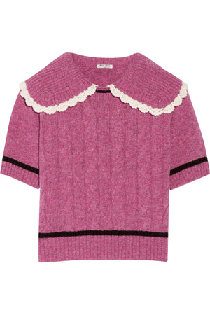 Miu Miu Crochet-Trimmed Cable Knit Wool Sweater - Runway Collection