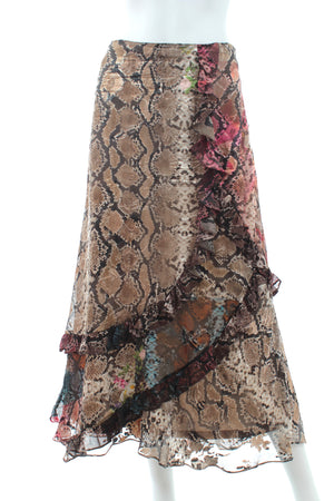 Preen by Thornton Bregazzi Ruffled Snakeskin Printed Silk-Blend Skirt