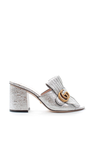 Gucci Marmont Mid-Heel Fringed Metallic Leather Mules