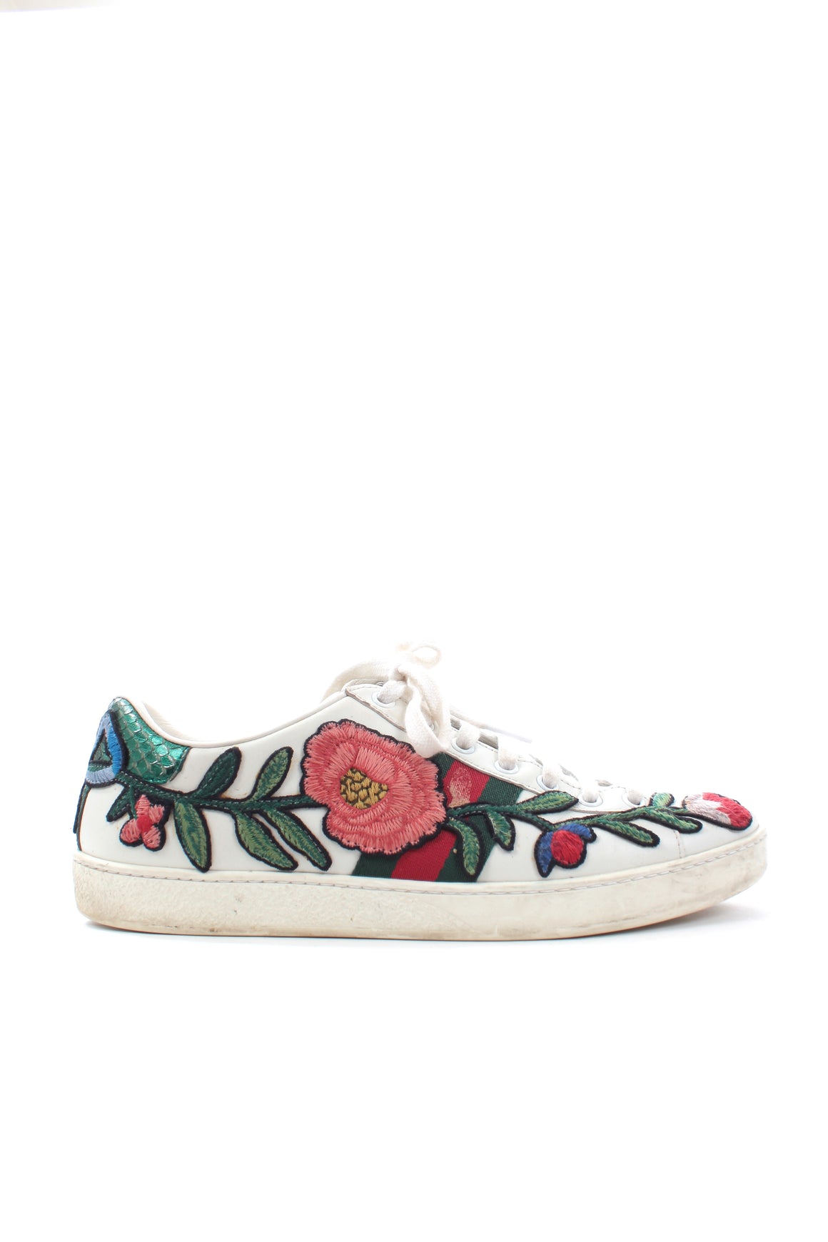 Gucci Ace Watersnake-Trimmed Floral Appliquéd Leather Sneakers