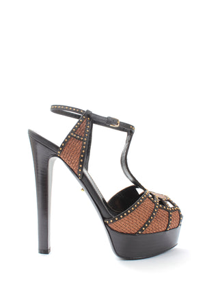 Sergio Rossi Studded Woven and Leather Platform Sandals