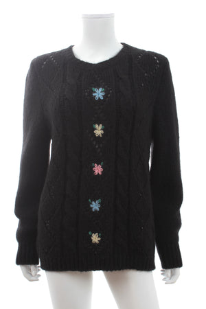 Alessandra Rich Flower-Embroidered Alpaca-Blend Pointelle-Knit Sweater