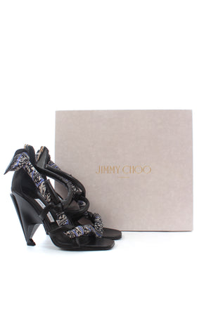 Jimmy Choo Kalypso 110 Leather and Silk Print Sandals