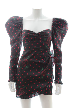 Alessandra Rich Puff-Sleeve Rose Polka Dot Print Silk Dress