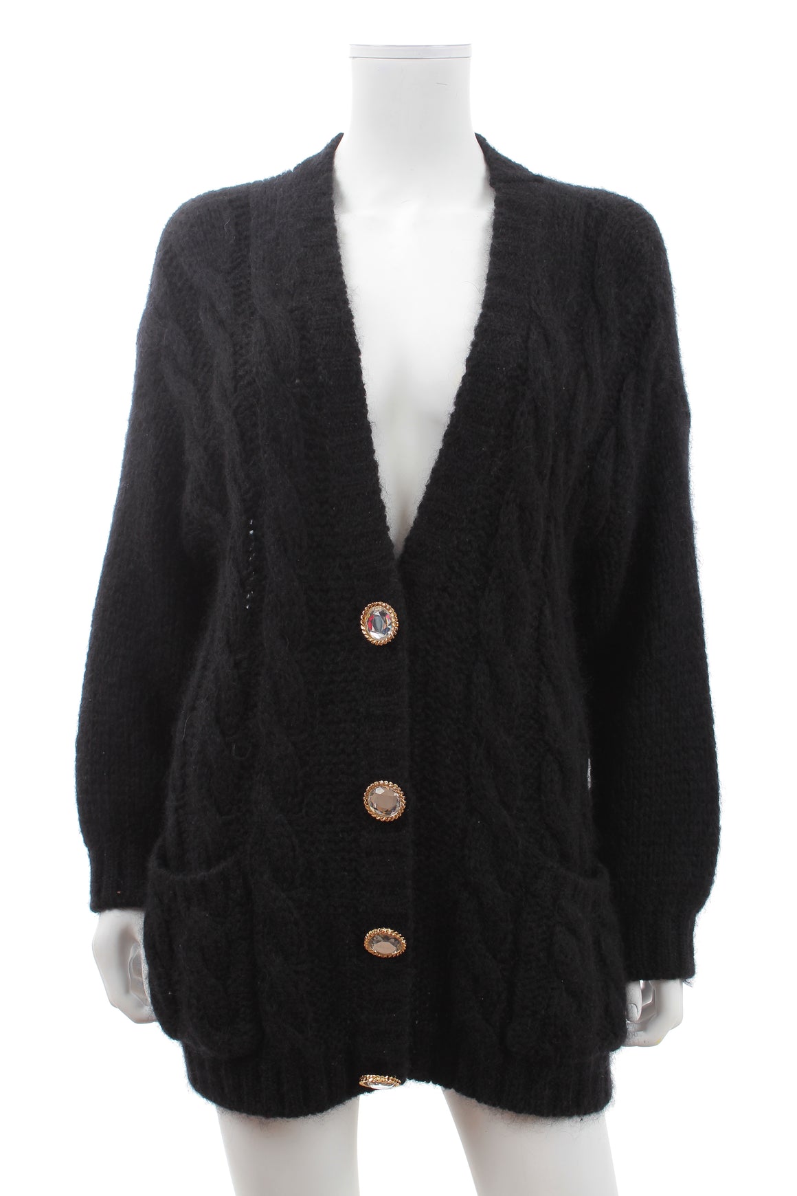 Alessandra Rich Crystal-Button Mohair-Blend Cable-Knit Cardigan