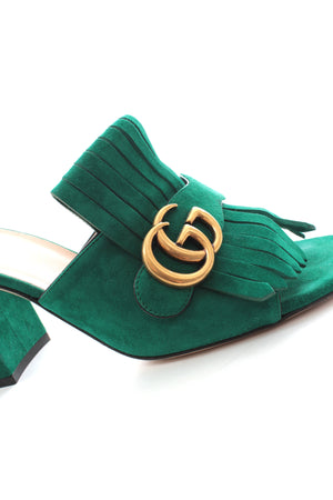 Gucci Marmont Mid-Heel Fringed Suede Mules