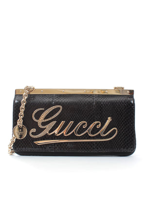 Gucci Crystal-Logo Chain Flap Clutch Bag