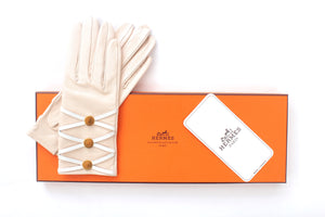 Hermes Lace Up Button-Embellished Leather Gloves