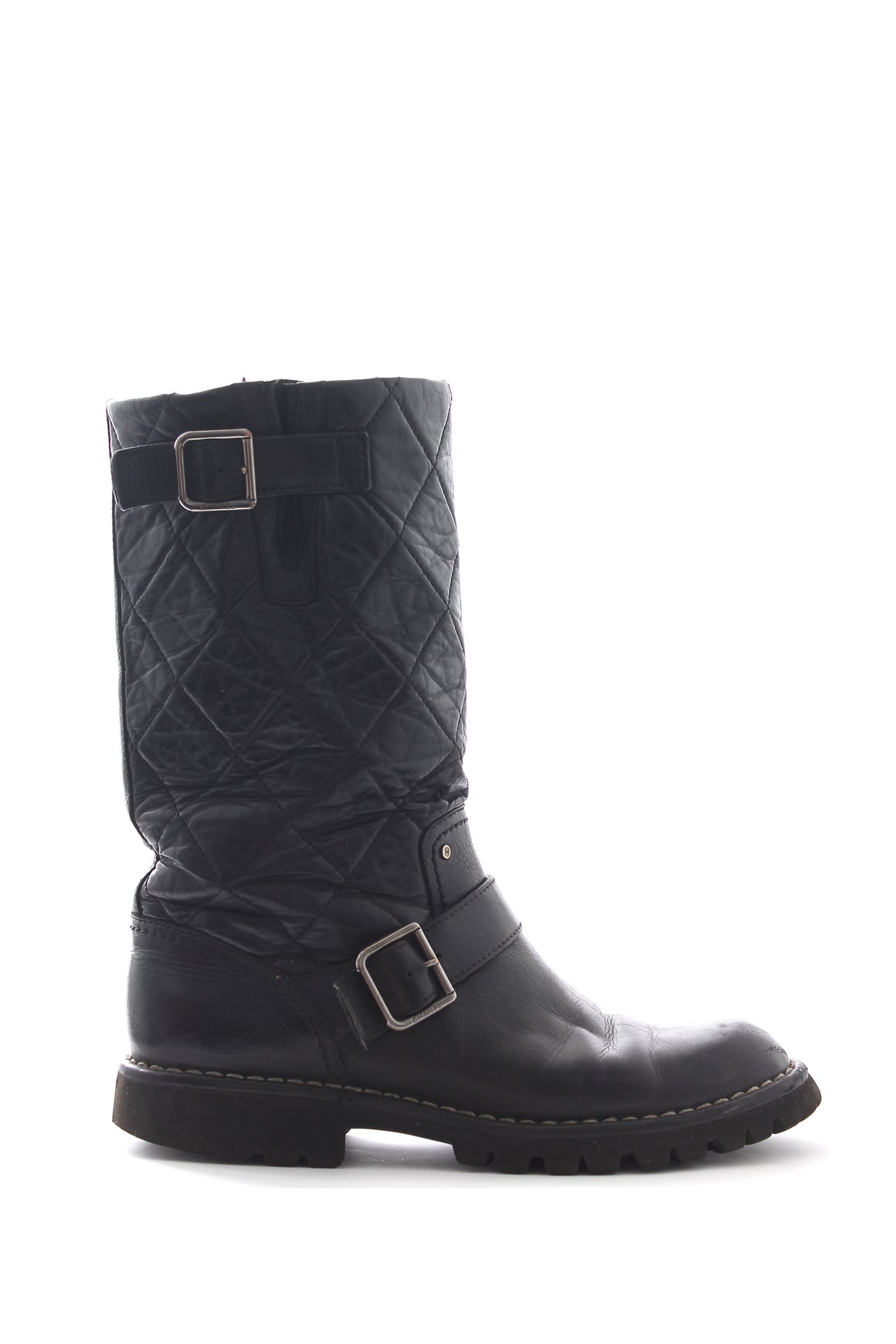 Chanel Buckled Quilted Leather Biker Boots