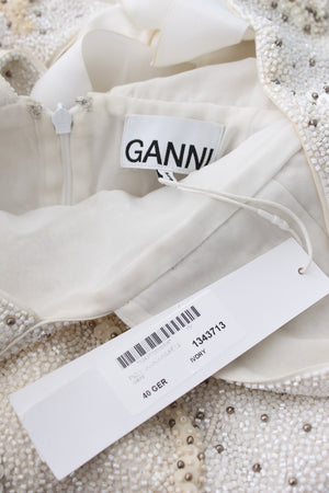 Ganni Tie-Back Floral Beaded Crepe Mini Dress