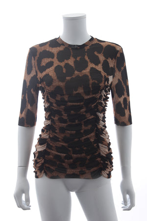 Ganni Ruched Leopard-Print Stretch-Mesh Top
