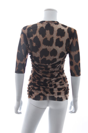 Ganni Ruched Leopard-Print Stretch-Mesh Top