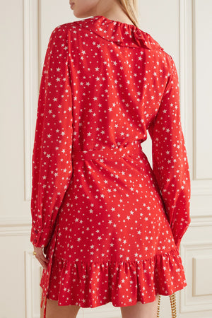 Miu Miu Ruffled Star Printed Silk Wrap Mini Dress - Current Season