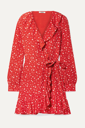 Miu Miu Ruffled Star Printed Silk Wrap Mini Dress - Current Season