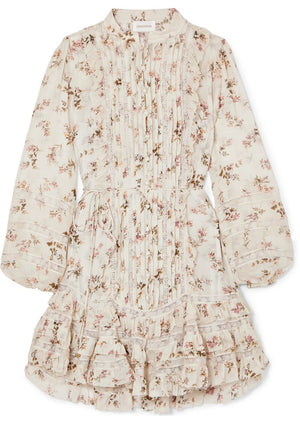 Zimmermann Whitewave Floral Printed Lace Panelled Georgette Mini Dress